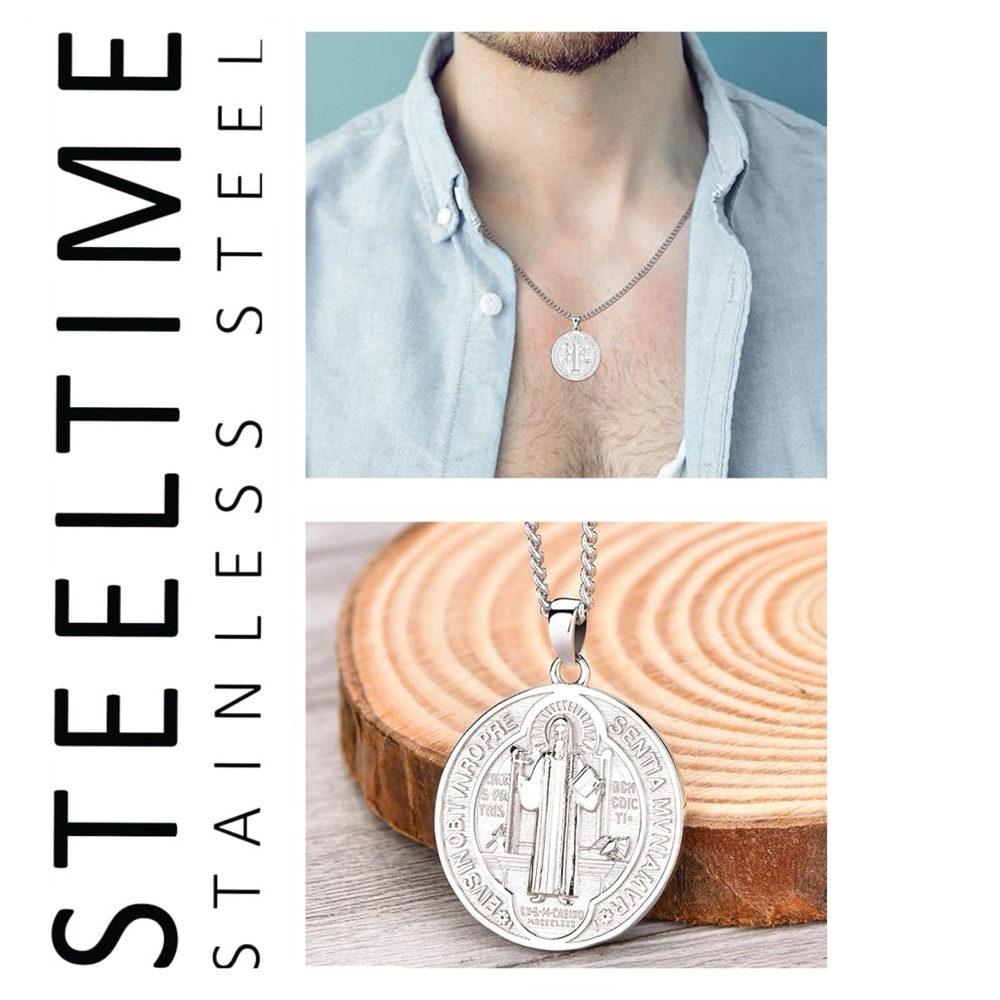 🐘 Men’s Steeltime Saint Benedict Stainless Steel Necklace